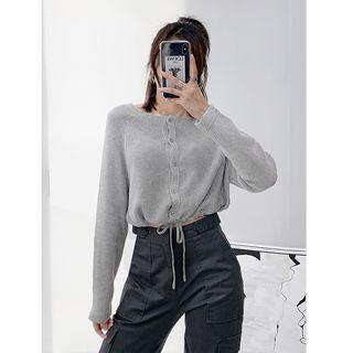 Button-down Drawstring Crop Knit Top