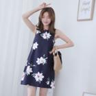 Sleeveless Mini Floral Chiffon Dress Navy Blue - One Size