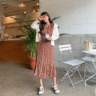 V-neck Crinkled Long Floral Dress
