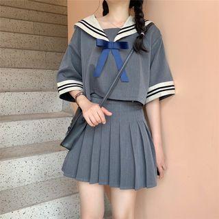 Set: Elbow-sleeve Striped Trim Wide Collar Ribbon Cropped Top + A-line Mini Pleated Skirt