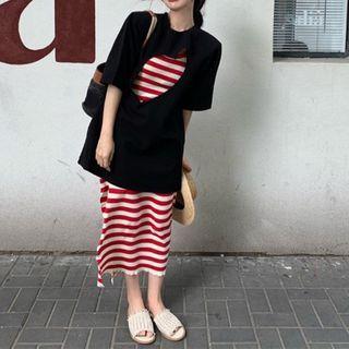 Spaghetti Strap Striped Midi Sheath Dress / Elbow-sleeve T-shirt