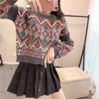 Patterned Sweater / Corduroy Mini Pleated Skirt / Set