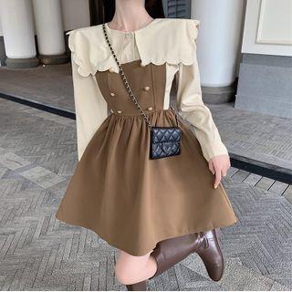 Scalloped Collar Blouse / Mini A-line Overall Dress