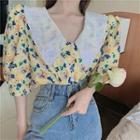 Contrast Collar Floral Elbow-sleeve Blouse