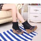 Genuine Leather Embroidered Platform Hidden Wedge Ankle Boots