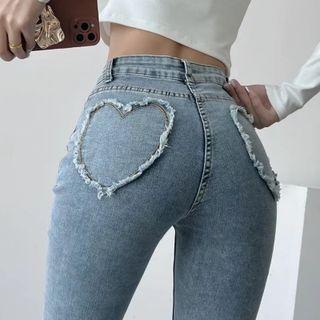 High Waist Distressed Heart Pocket Jeans
