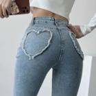 High Waist Distressed Heart Pocket Jeans
