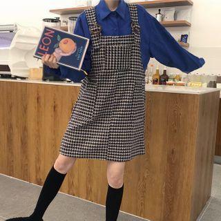 Plain Shirt / Plaid Mini A-line Pinafore Dress