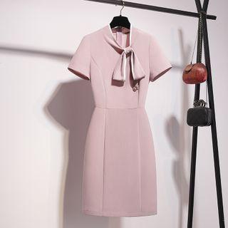 Short-sleeve Tie-neck Mini Shift Dress