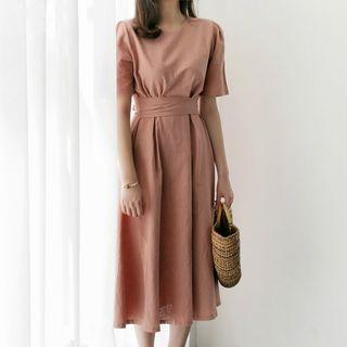 Side Tie Short-sleeve Midi A-line Dress