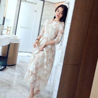 3/4-sleeve A-line Maxi Lace Dress