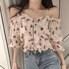 Elbow-sleeve Cold Shoulder Chiffon Top Light Almond - One Size