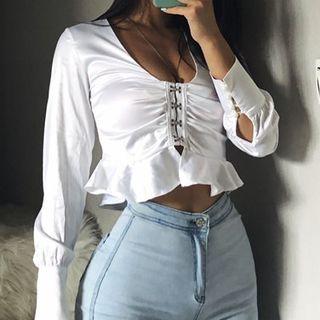 Ruffle Hem Long-sleeve Crop Top