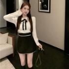 Button-up Knit Top / Mini A-line Skirt / Set