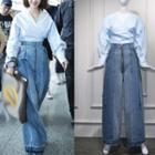 V-neck Blouse / Washed Wide-leg Jeans