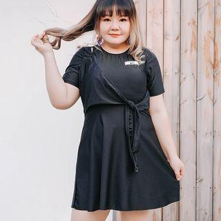 Set: Short-sleeve Knotted Swim Dress + Shorts