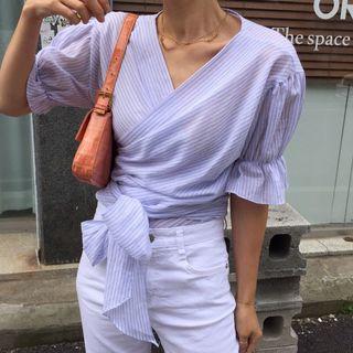 Striped Tie-hem V-neck Blouse As Shown In Figure - One Size