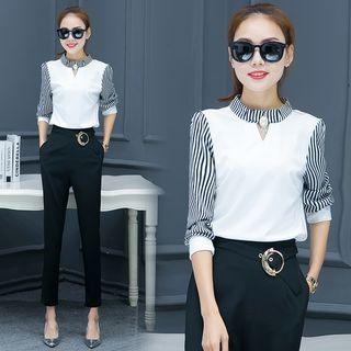 Set: Faux Pearl Striped Panel Shirt + Slim Fit Pants