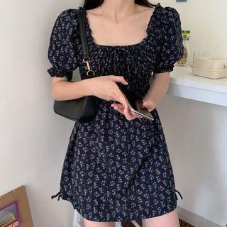 Puff-sleeve Floral A-line Dress Floral - Purple - One Size
