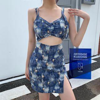 Spaghetti Strap Print Cutout Mini Bodycon Dress