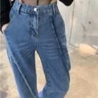 High Waist Wide Leg Jeans / Long-sleeve Mesh Panel Top
