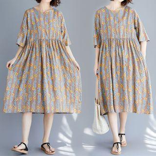 Flower Print Elbow-sleeve Midi Shift Dress As Shown In Figure - One Size
