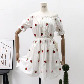 Strawberry-embroidered A-line Dress White - One Size