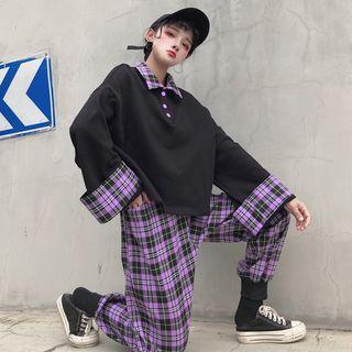 Set: Plaid Harem Pants + Long-sleeve Polo Shirt