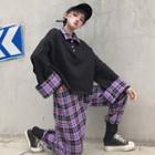 Set: Plaid Harem Pants + Long-sleeve Polo Shirt
