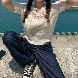 Puff-sleeve Plain Pointelle Knit Top