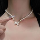 Faux Pearl Ribbon Necklace White - One Size