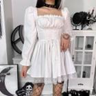 Long-sleeve Square-neck Lace-up Mini A-line Dress
