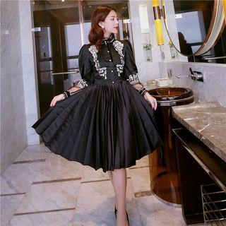 Embroidered 3/4-sleeve A-line Pleated Dress