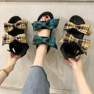 Plaid Ribbon Ankle-strap Flat Sandals