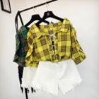 Set: Lace-up Check Elbow-sleeve Shirt + Fray Denim Shorts