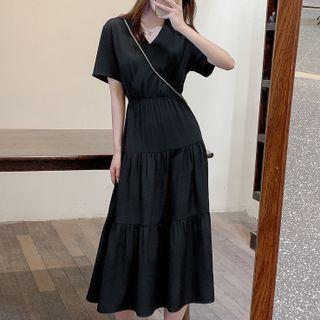 Short-sleeve V-neck Tiered Midi A-line Dress