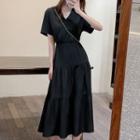 Short-sleeve V-neck Tiered Midi A-line Dress