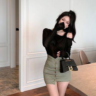 Asymmetrical Cold-shoulder T-shirt / High-waist Mini Pencil Skirt