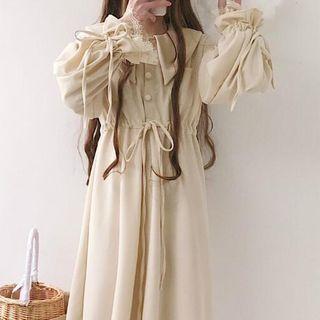 Lace Up Long-sleeve Midi Collared Dress