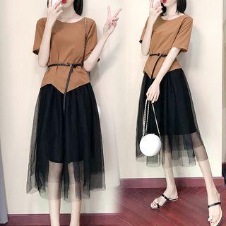 Set: Asymmetric Hem Short-sleeve T-shirt + Midi Mesh Skirt