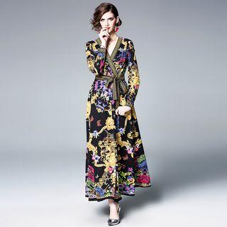 Printed V-neck Long-sleeve A-line Maxi Dress