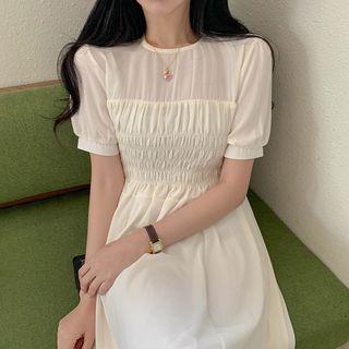Short-sleeve Shirred Midi A-line Dress White - One Size