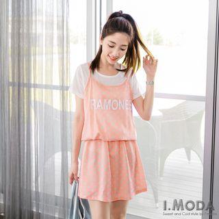 Set: Short-sleeve Top + Print Polka Dot Dress