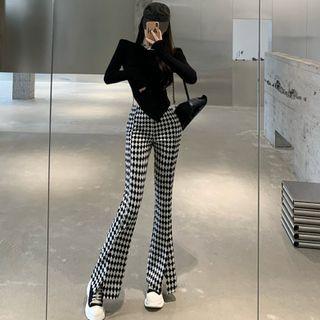 Asymmetrical Side-slit Crop T-shirt / Argyle Slited Boot-cut Pants