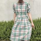 Plaid Puff-sleeve A-line Dress As Shown In Figure - One Size