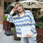 Chevron Pointelle Knit Sweater Blue - One Size