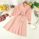 V-neck Mesh Sleeve A-line Midi Knit Dress