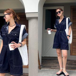 Contrast-stitch Drawcord Denim Playsuit Dark Blue - One Size