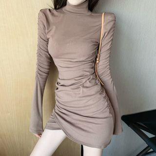 Long-sleeve Turtleneck Ruched Dress