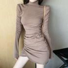 Long-sleeve Turtleneck Ruched Dress